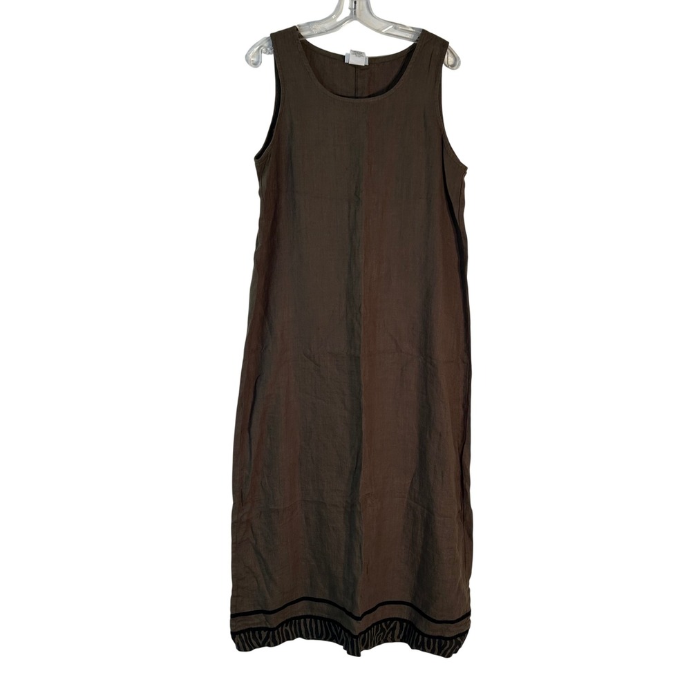 Hot‎ Cotton by Marc Ware Brown 100% Linen Sleeveless Midi Dress Zebra Trim XL